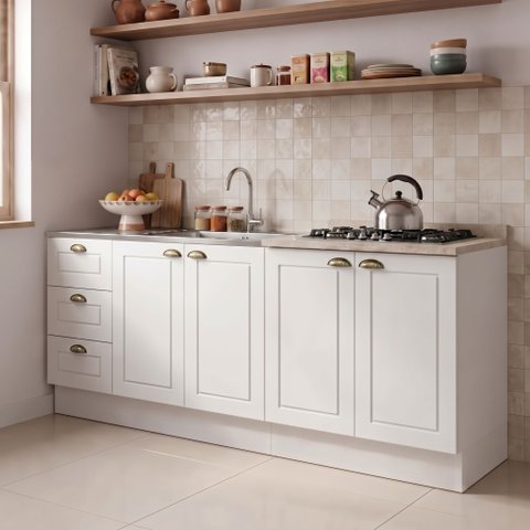 Cozinha Compacta Modulada 100% MDF 2 Balcões e 1 Tampo com Furo para Cooktop Branca/Calcare Emily