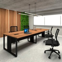 Mesa de Escritório Plataforma 3,0m 4 Pessoas Ng Pés Metal F5 Cor:nogal com Preto - 1