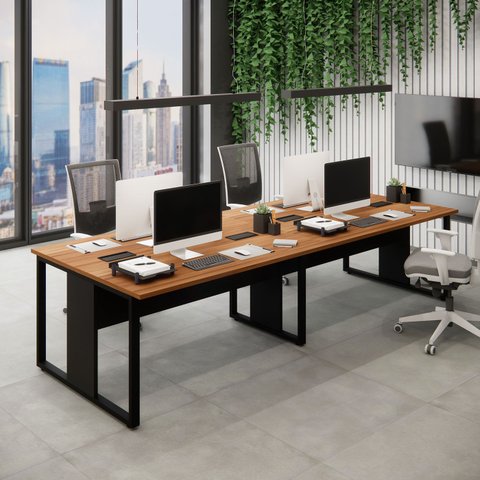 Mesa de Escritório Plataforma 3,0m 4 Pessoas Ng Pés Metal F5 Cor:nogal com Preto
