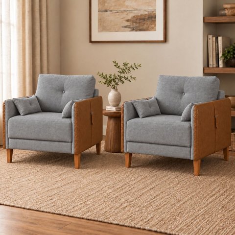Kit 2 Poltronas Linho Premium com Couro Base Madeira Maciça Inova