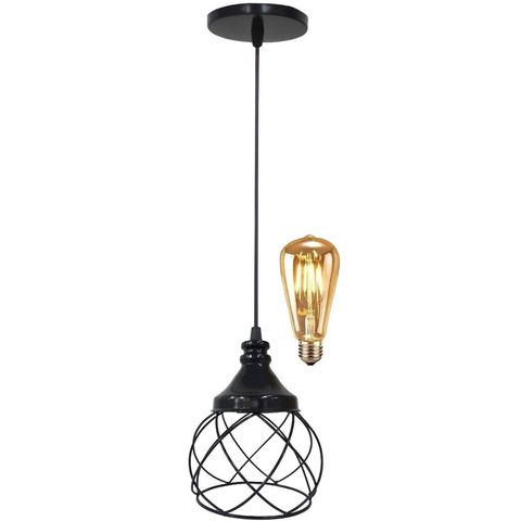 Pendente Aramado Esfera Balonê Preto + Lâmpada Lustre Luminária Teto Regulável Sala Cozinha Agp Ilum
