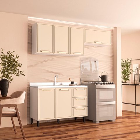 Cozinha Amara 3 Peças 200x224,5cm Armários Aéreos Balcão 2 Portas Branco/Creme 250075
