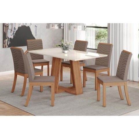 Conjunto: Mesa de Cozinha Lins Sc91 Tampo Madeirado C/ Vidro Canto Reto 120x80cm e 6 Cadeiras Isa
