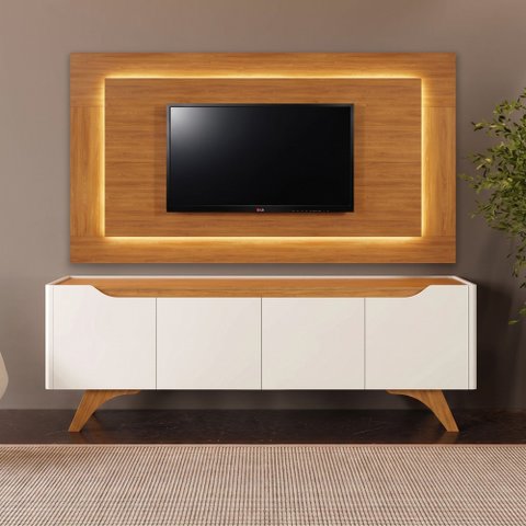Conjunto Painel + Rack Atenas Painel Naturalle Rack Off White/Naturalle 180 cm Mavaular