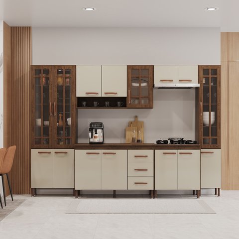 Cozinha Modulada Completa Fidelitá Viena 6 Peças 295cm 15 Portas 3 Gavetas com Tampo