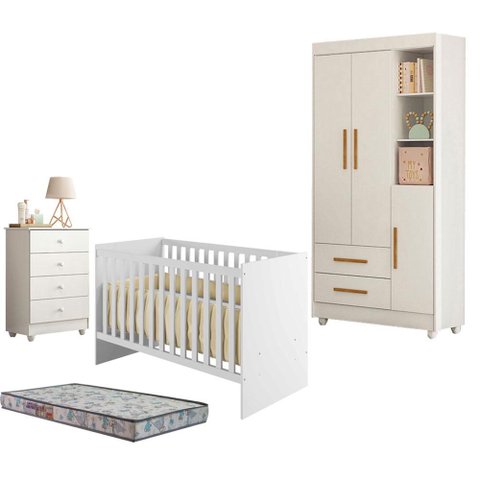 Guarda Roupa Flocos com Gaveteiro Soft e Berço Americano Soft Branco Acetinado Colchão Sleep - Tigus