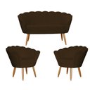 Ver imagem 1 de Kit Namoradeira + 2 Poltronas Decorativa Pétala Suede Marrom Pés Madeira Mz Decor