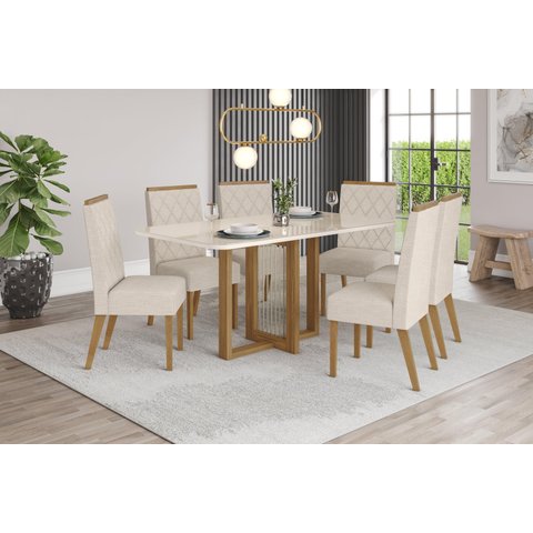 Mesa de Jantar Natali 160 C. Vidro 6 Cad. Nina Linho - Henn