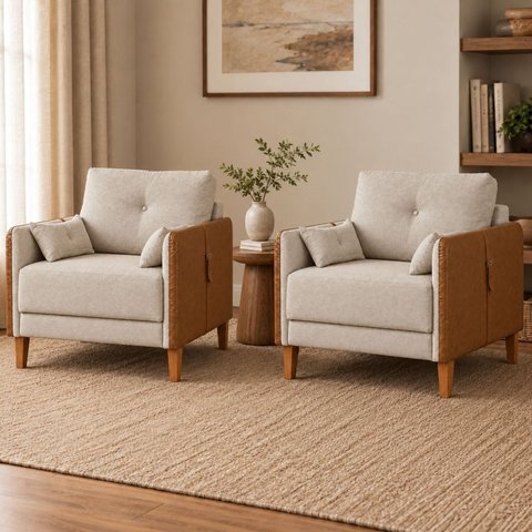 Kit 2 Poltronas Linho Premium com Couro Base Madeira Maciça Inova