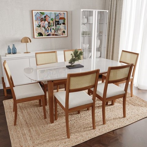 Conjunto Mesa de Jantar Tampo Vidro e MDF 1,80m e 6 Cadeiras Tiê CabeCasa MadeiraOriginals