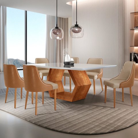 Conjunto para Sala de Jantar Mesa Sarah em Madeira Tampo 180cm com Vidro e 6 Cadeiras Roma Marrom/Ca