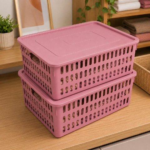 Kit 2 Caixa Organizadora 10,8L Rosa com Tampa Cesto Brinquedos Laços Multiuso Armario Cozinha Brinqu