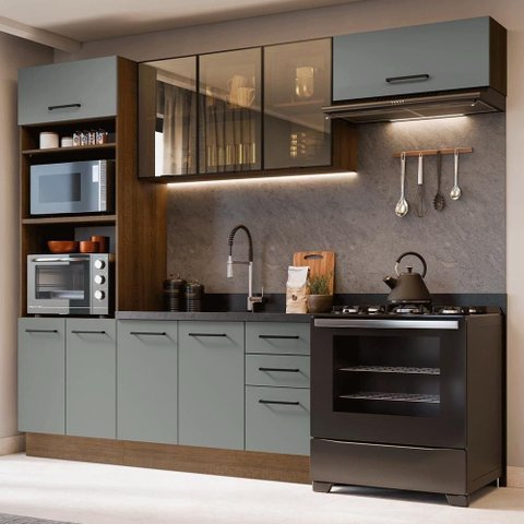 Cozinha Completa Agata 9 Portas 3 Gavetas MDP 270cm Cinza Madesa