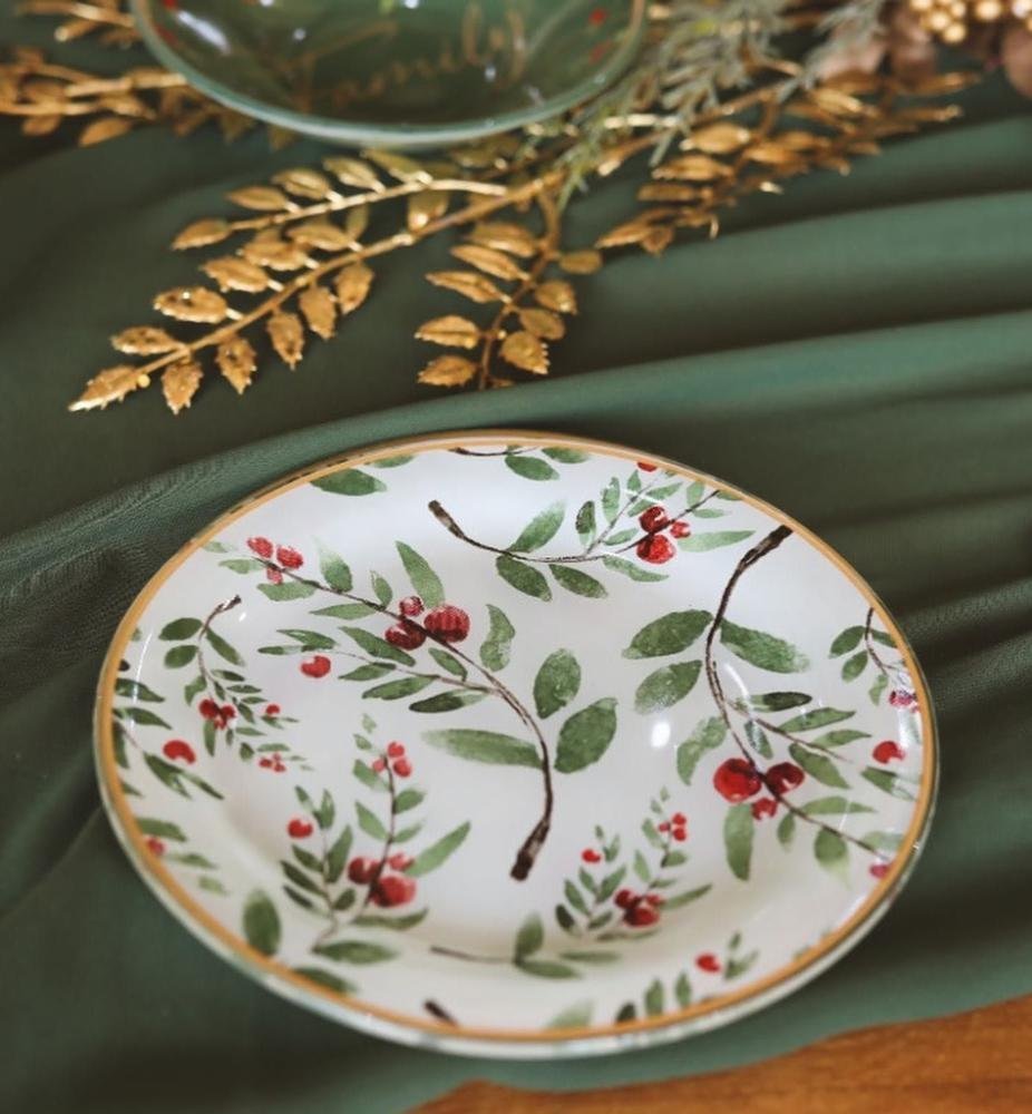 Dupla de pratos sobremesa verde com borda dourada 18 cm