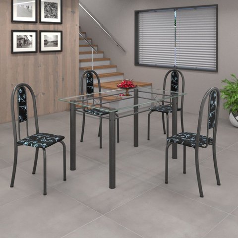 Conjunto de Mesa 120x75cm Tampo de Vidro com 4 Cadeiras Iris a Cinza/Preto Floral/Martelado Prata