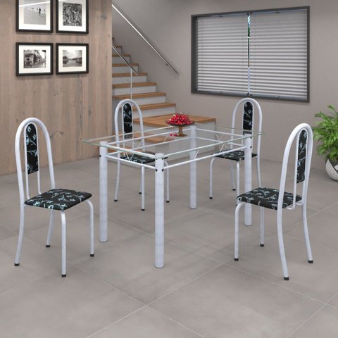 Conjunto de Mesa 120x75cm Tampo de Vidro com 4 Cadeiras Iris a Branco/Preto Floral/Martelado Pérola