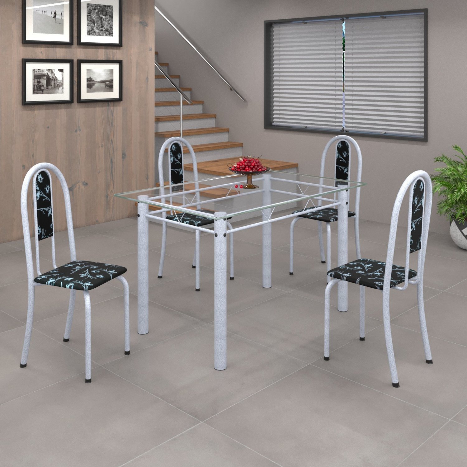 Conjunto de Mesa 120x75cm Tampo de Vidro com 4 Cadeiras Iris A  - 1