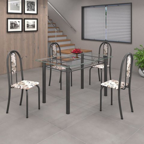 Conjunto de Mesa 120x75cm Tampo de Vidro com 4 Cadeiras Iris a Cinza/Arabesco/Martelado Prata