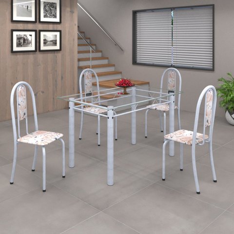 Conjunto de Mesa 120x75cm Tampo de Vidro com 4 Cadeiras Iris a Branco/Botanic Bege/Martelado Pérola