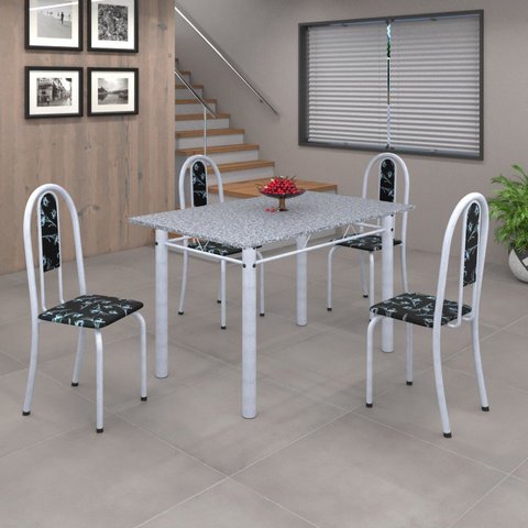 Conjunto de Mesa 120x75cm Tampo em Granito com 4 Cadeiras Iris a Branco/Preto Floral/Martelado Pérola