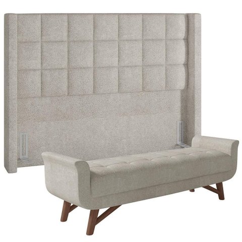 Kit Cabeceira Cama Box Paris 140cm com Puff Recamier Itália P05 Bouclê Creme