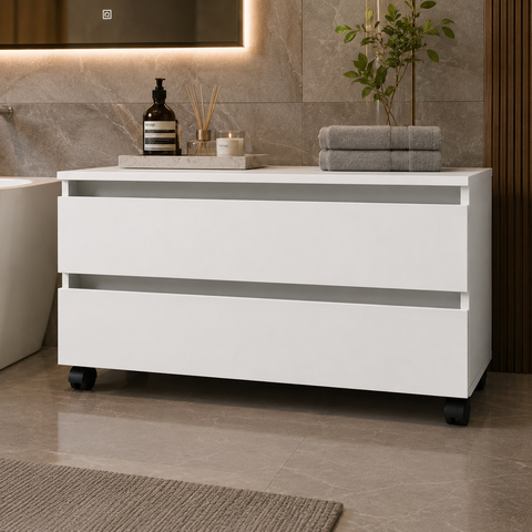 Balcão Gaveteiro Multiuso para Banheiro 80cm 2 Gavetas 4 Rodízios Branco - Tecno Mobili