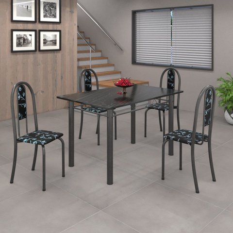 Conjunto de Mesa 120x75cm Tampo em Ardósia com 4 Cadeiras Iris a Cinza/Preto Floral/Martelado Prata/Indiano