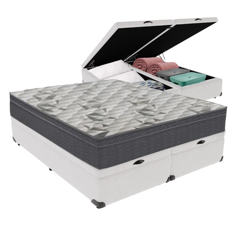 Cama Box Baú Bipartido Casal Branco e Colchão Airtech 100 D33 Ortobom