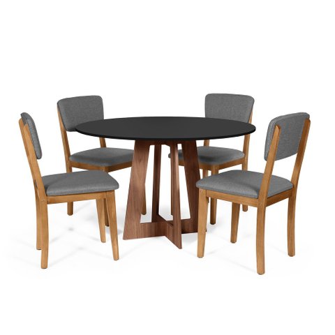 Mesa de Jantar Redonda Montreal Pret/nor com 4 Cadeiras Estofadas Ella Cinza Escuro