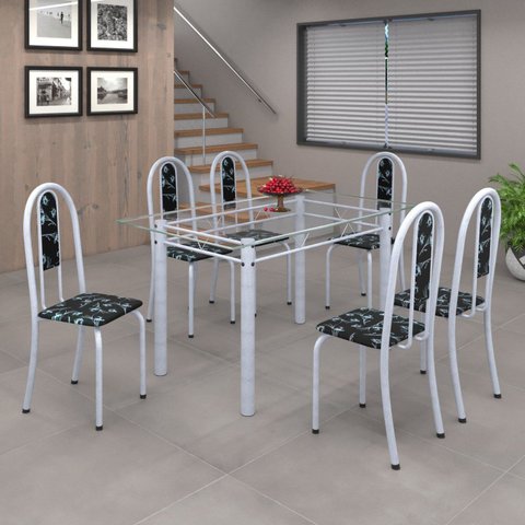 Conjunto de Mesa 140x75cm Tampo de Vidro com 6 Cadeiras Iris a Soma Móveis Branco/Preto Floral/Martelado Pérola