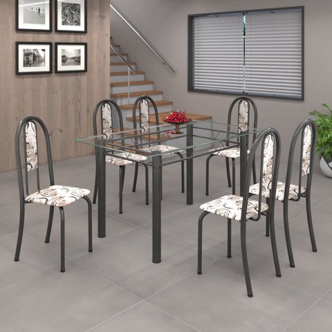 Conjunto de Mesa 140x75cm Tampo de Vidro com 6 Cadeiras Iris a Soma Móveis Cinza/Arabesco/Martelado Prata