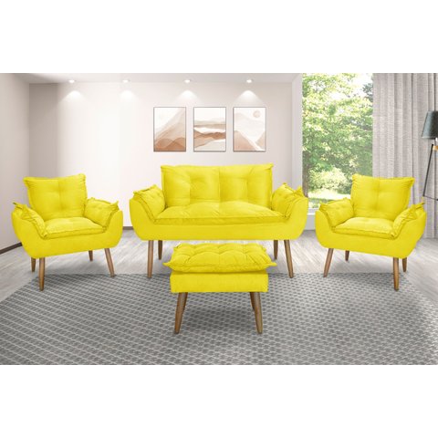 Kit Namoradeira Sofá Opala + 2 Poltronas Cadeira Opala + 1 puff:amarelo