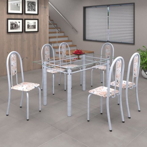 Conjunto de Mesa 140x75cm Tampo de Vidro com 6 Cadeiras Iris a Soma Móveis Branco/Botanic Bege/Martelado Pérola