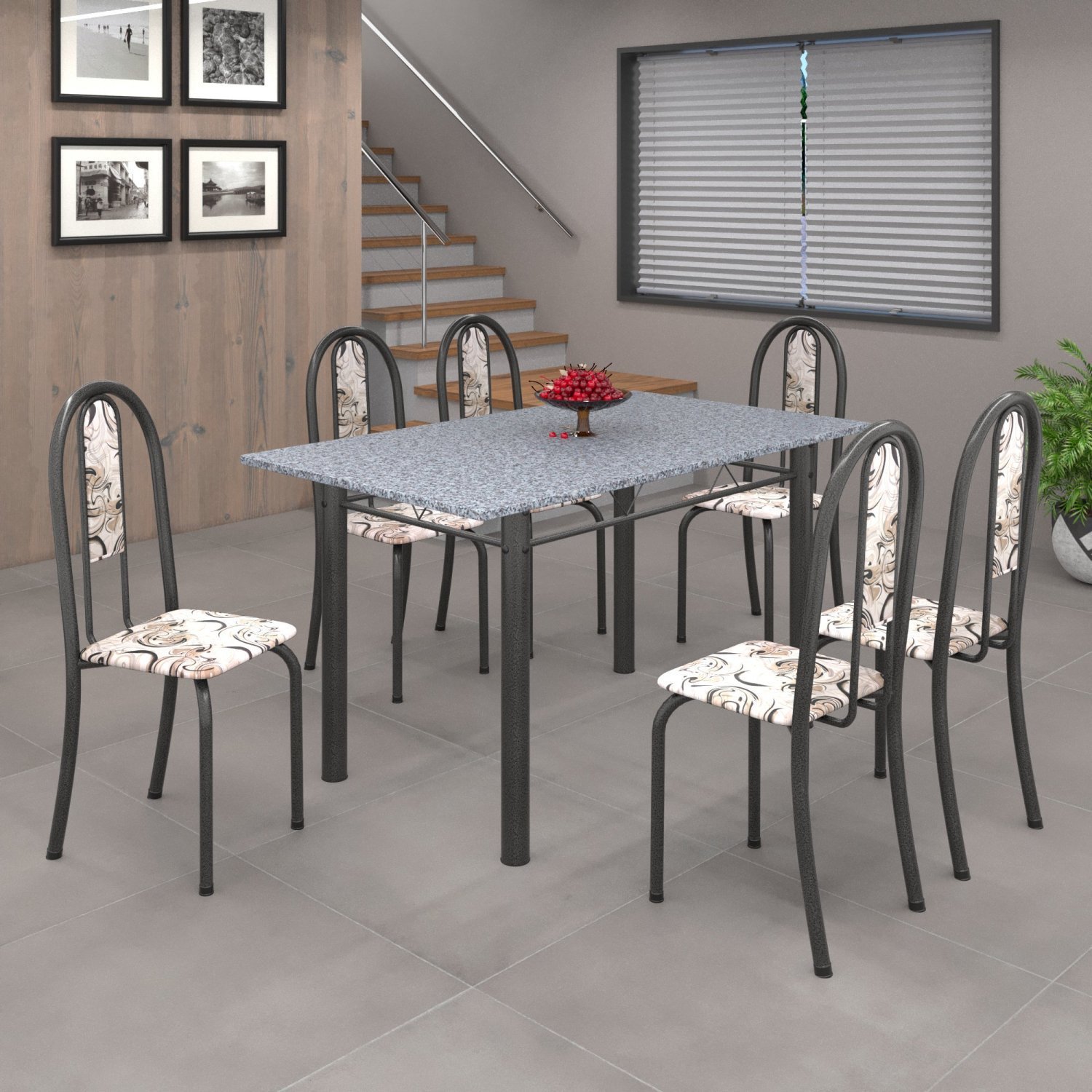 Conjunto de Mesa 140x75cm Tampo de Granito com 6 Cadeiras Iris A  - 1