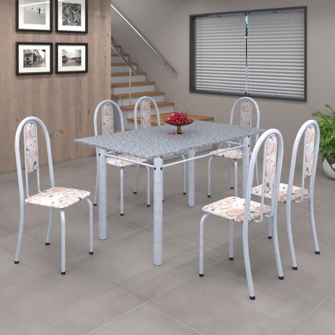 Conjunto de Mesa 140x75cm Tampo de Granito com 6 Cadeiras Iris a Soma Móveis Branco/Botanic Bege/Martelado Pérola