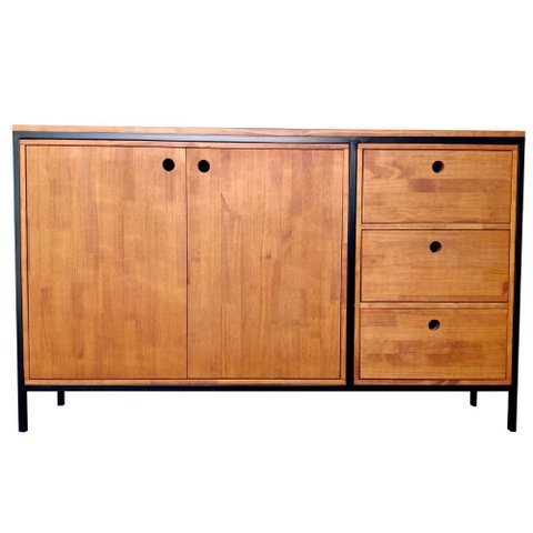 Buffet de Madeira Estilo Industrial com Ferro e Madeira Pinus - com 3 Gavetas e 1 Nicho com 1 Pratel