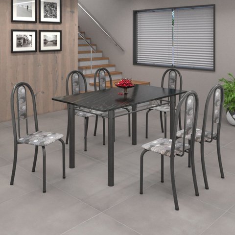 Conjunto de Mesa 140x75cm Tampo de Ardósia com 6 Cadeiras Iris a Soma Móveis Cinza/Paraopeba/Martelado Prata
