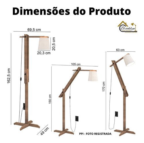 Luminária 1,6m Articulada Chão Pedestal Piso Abajur Madeira:Preto - 4