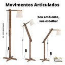 Ver imagem 3 de Luminária 1,6m Articulada Chão Pedestal Piso Abajur Madeira:Preto