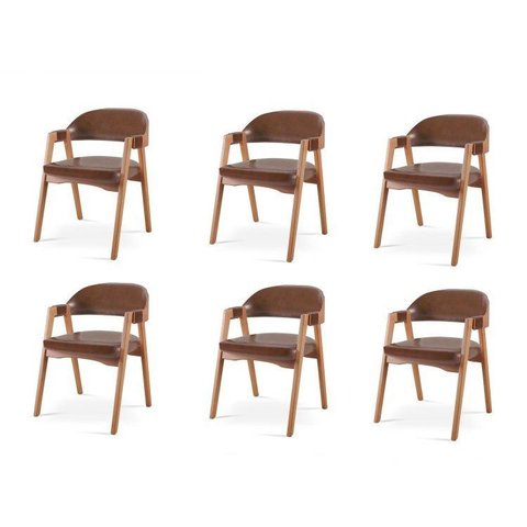 Kit 6 Cadeiras de Jantar Estofadas Couro Sintético Madeira Gaia Marrom Yescasa