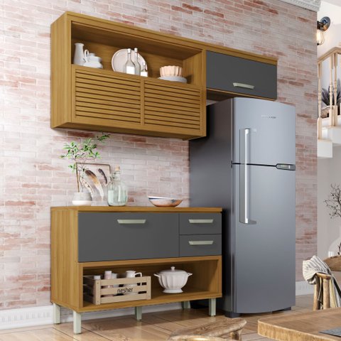 Cozinha Modulada 2 Peças Ripado Princesa 100% MDF Marrom/Freijó/Grafite