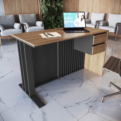 Mesa Escrivaninha Ripada 120cm Home Office com 2 Gavetas Cor:Mel com Grafite