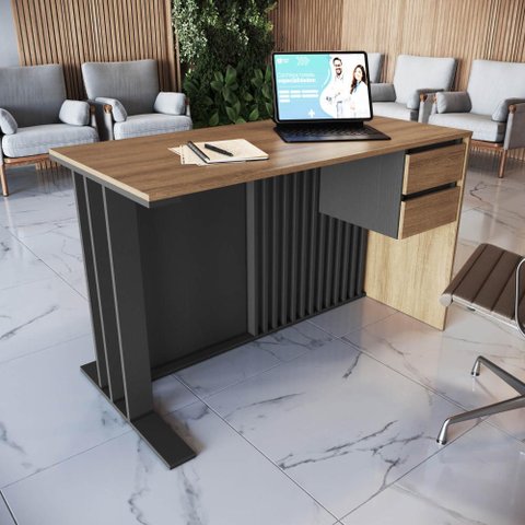Mesa Escrivaninha Ripada 120cm Home Office com 2 Gavetas Cor:mel com Grafite