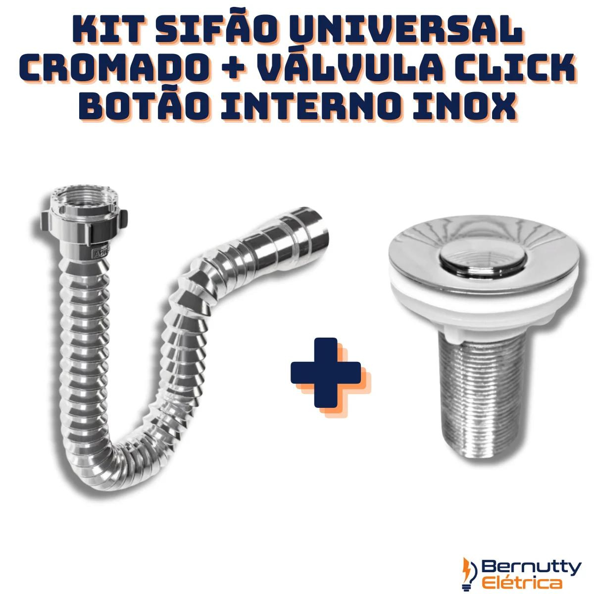 Kit Sifão Universal Cromado + Válvula Click Interno 7/8 Inox - 2