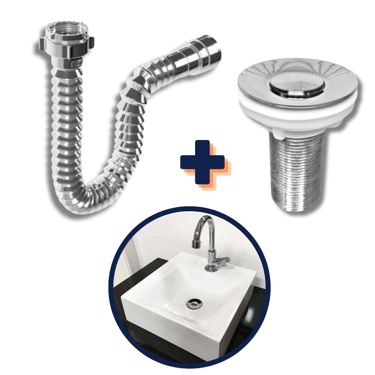 Kit Sifão Universal Cromado + Válvula Click Interno 7/8 Inox