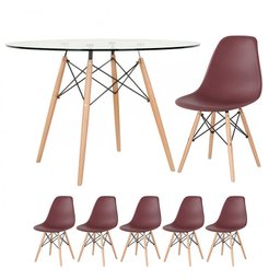 KIT - Mesa Eames com tampo de vidro 120 cm + 5 cadeiras Eiffel DSW Marrom - 1
