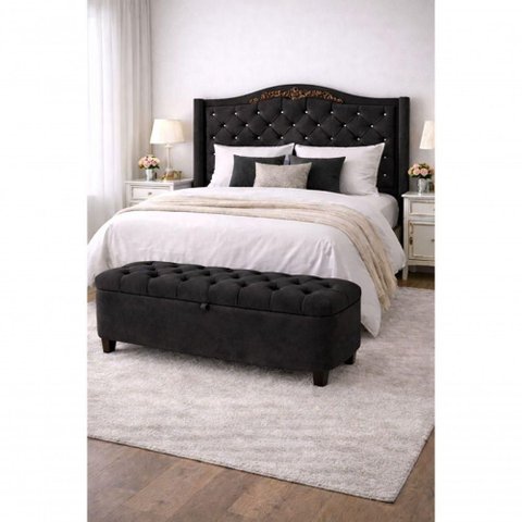 Kit Cabeceira e Calçadeira Baú Lisboa Casal Suede Preto do Lar Móveis e Decoração