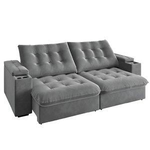 Sofá Retrátil e Reclinável 3 Lugares 2,30m com Porta Copos Veludo New Coliseu Selmer Cinza