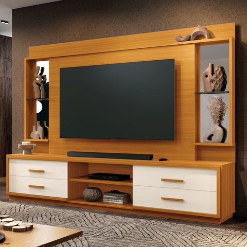 Estante Home para TV 75 com Espelho 4 Gavetas Rodízios Cedro/Off White Leni 192cmx240cm
