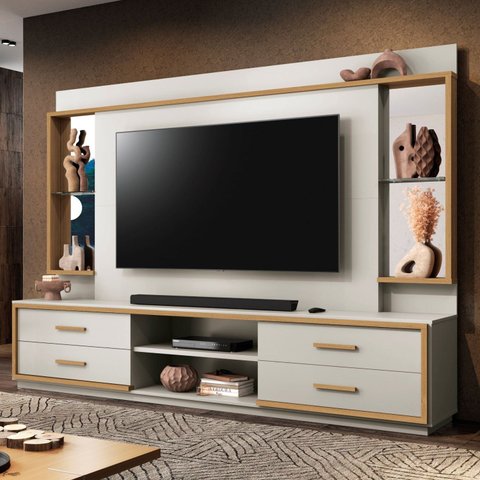 Estante para TV e Home Theater até 75 Polegadas 100% MDF 240CMX192CM Espelho 4 Gavetas Leni Cinza